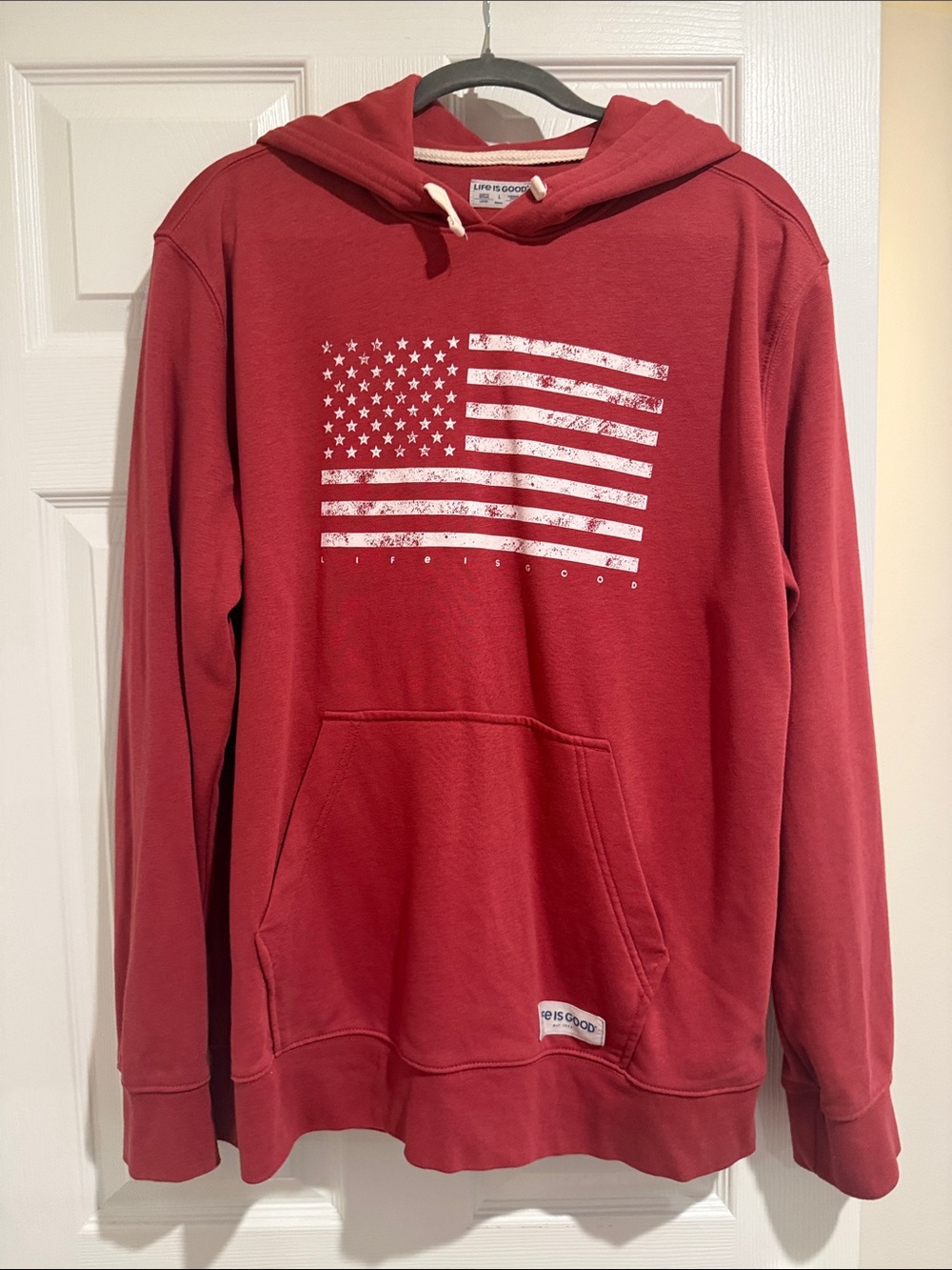 Life Is Good Men's Crimson Red Hoodie with White Distressed Flag